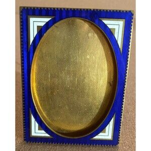Vintage Art Deco Guilloché Enamel Picture Frame Blue & Gold Oval Austria